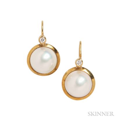 18kt Gold, Mabe Pearl, and Diamond Earrings