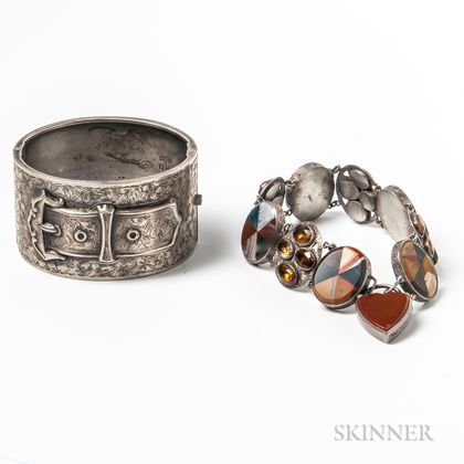 Engraved English Sterling Silver Hinged Bangle and a Scottish Agate and Silver Bracelet