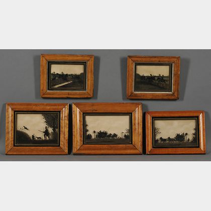 British School, 19th/20th Century Lot of Five Reverse-Painted Silhouettes of Sporting and Coaching Scenes: Changing Horses at Nottin...
