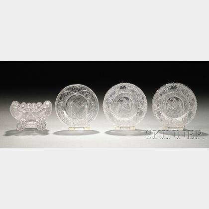 Three Patriotic Colorless Eagle and Shield Lacy Pattern Glass Cup Plates and a Salt