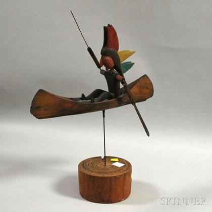 Carved and Painted Wood Figural Indian Paddling a Canoe Whirligig