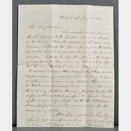 Davis, Jefferson (1808-1889) Autograph Letter Signed, 22 January 1861.