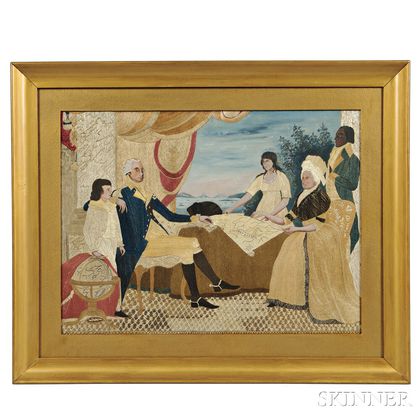 Needlework and Watercolor Picture of George Washington and His Family