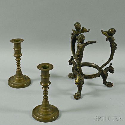 Pair of Turned Brass Candlesticks and a Bronze Mount with Caryatids
