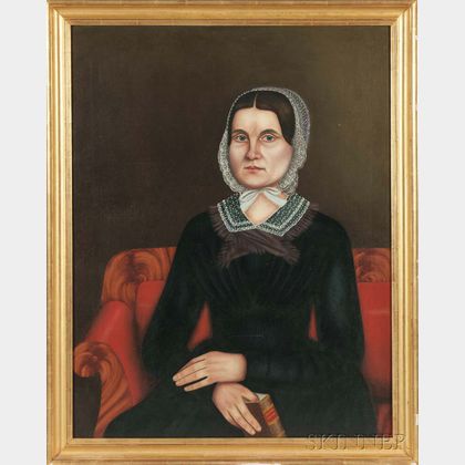 American School/Probably New York State, 19th Century Portrait of a Woman Seated on a Mahogany Veneer Empire Sofa