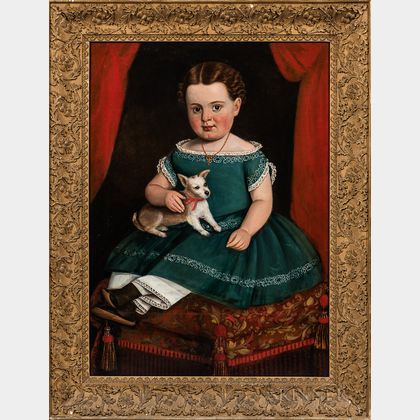 Prior-Hamblin School, Mid-19th Century Portrait of a Girl in a Green Dress Holding a Puppy