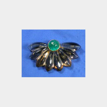 Art Moderne Emerald and Smoked Rock Crystal Dress Clip