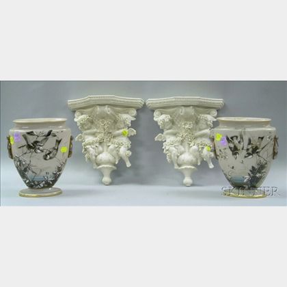 Pair of Victorian Hand-painted Swallows Decorated Bristol Glass Vases and Two Modern Bisque Cherub Figural Wall Brackets
