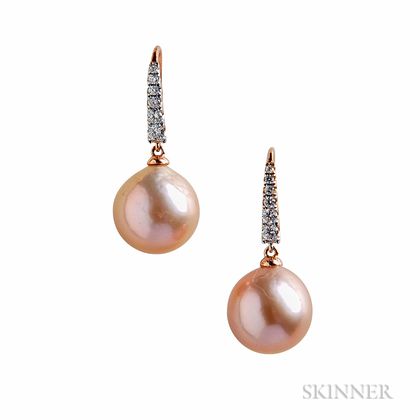 14kt Rose Gold, Pink Freshwater Pearl, and Diamond Earrings