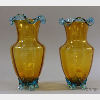 Pair of Bohemian Amber Art Glass Footed Vases with Applied Aquamarine Glass Ruffled Rims and Feet