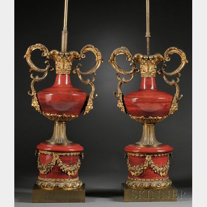 Pair of Large Louis XV-style Bronze-mounted Slag Glass Lamps