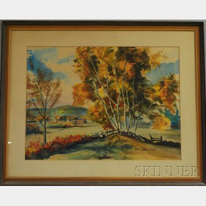 Arthur R. Safford (American, 1900-1992) Fall Landscape with Birches and Church