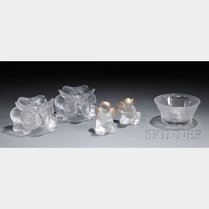 Two Lalique Angels, Pair of Candlesticks, and a Votive