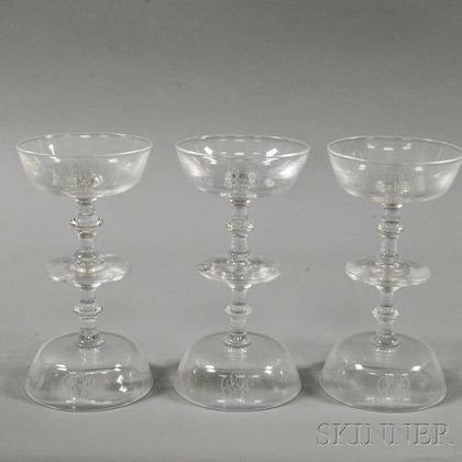 Set of Six Steuben Monogrammed Colorless Glass Sherbets