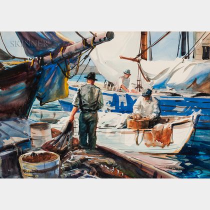 Vladimir Pavlosky (American, 1884-1944) Fishing Boats at Dock.