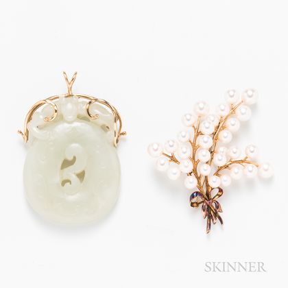 14kt Gold Jade Pendant and Cultured Pearl Brooch