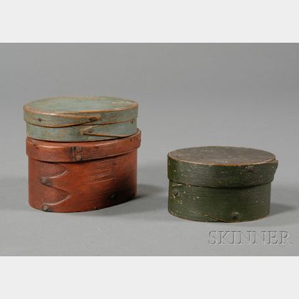 Three Small Painted Lapped-seam Covered Oval Boxes