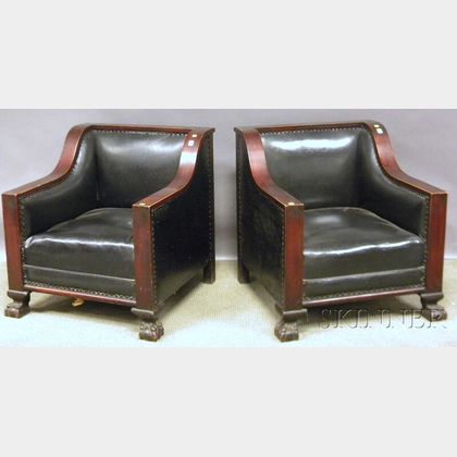 Pair of Empire-style Naugahyde Upholstered Mahogany-finished Carved Maple Club Chairs