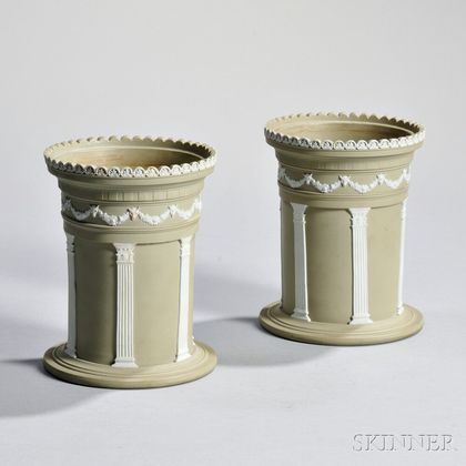 Pair of Wedgwood Solid Green Jasper Column-form Vases