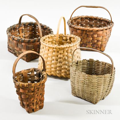Five Small Woven Splint Handled Baskets