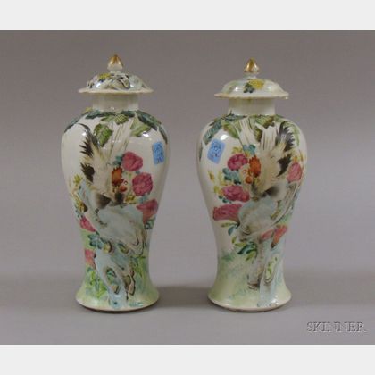 Pair of Chinese Export Porcelain Polychrome Rooster Decorated Vases with Lids