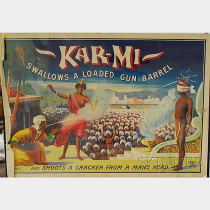 Unframed American 20th Century Color Lithograph Side Show Advertising Poster, Kar-Mi Swallows a Loaded Gun Barrel and Shoots a Crack...