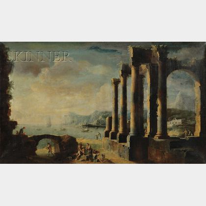School of Leonardo Coccorante (Italian, 1700-1750) Landscape with Classical Ruins and Figures