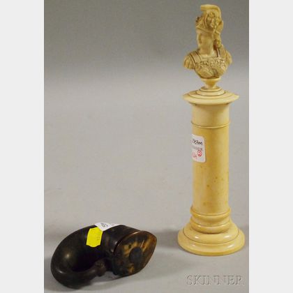 Horn Snuff Mull and a European Carved Ivory Bust of a Roman Soldier on a Pedestal