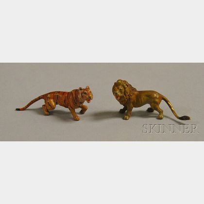 Austrian Miniature Cold-painted Bronze Tiger Figure and Lion Figure