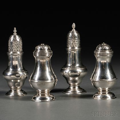 Two Near Pairs of Georgian-style Sterling Silver Casters