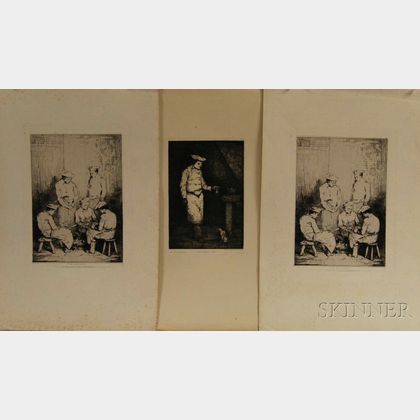 After Théodule Ribot (French, 1823–1891) Three Unframed Prints: Le déjeuner du chat (1867),and two impressions of Les Éplucheurs. All 