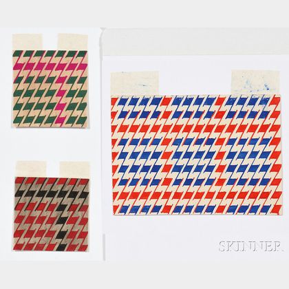 Attributed to Varvara Fedorovna Stepanova (Russian, 1894-1958) Three Geometric Fabric Designs: Red/Blue, Green/Fuchsia