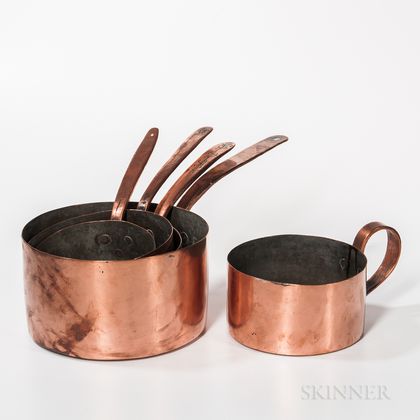 Five Varied Handled Copper Pots