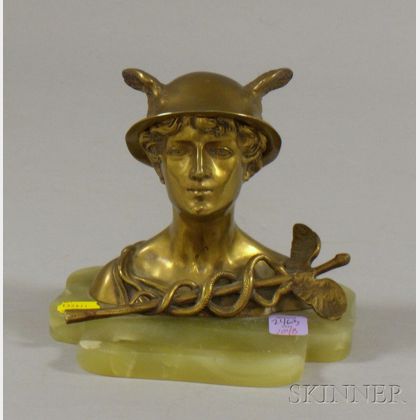 Brass Bust of Mercury Inkstand with Green Onyx Base. 
