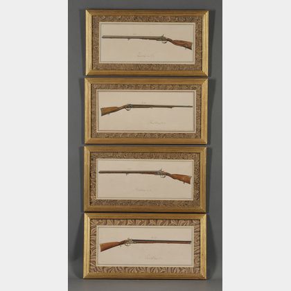 French School, 19th Century Eight Framed Watercolors Depicting Antique Rifles