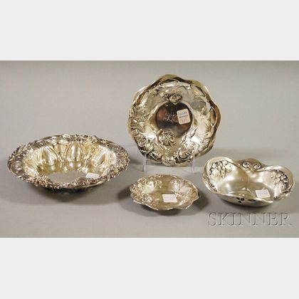 Four Small American Art Nouveau and Arts & Crafts Sterling Silver Repoussé Dishes