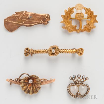 Five Gold Figural Brooches