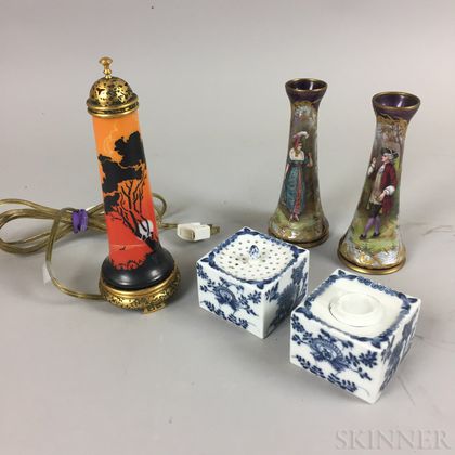 Pair of French Enamel Vases, Two Meissen Desk Items, and an Art Glass Lamp