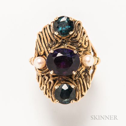 Austin Goodwin 14kt Gold, Gemstone, and Pearl Abstract Ring
