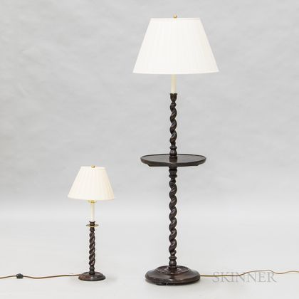 Two Reproduction Walnut Barley-twist Lamps
