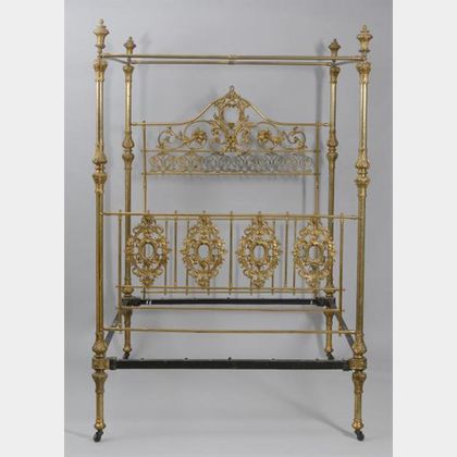 Spanish Art Nouveau Gilt Pressed Brass Tall Post Bed with Canopy