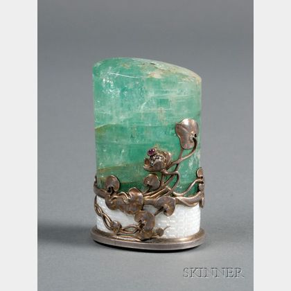 Faberge Emerald Crystal, Silver, Enamel, Carnelian and Stone-set Seal