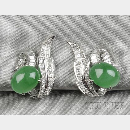 14kt White Gold, Jadeite, and Diamond Earclips