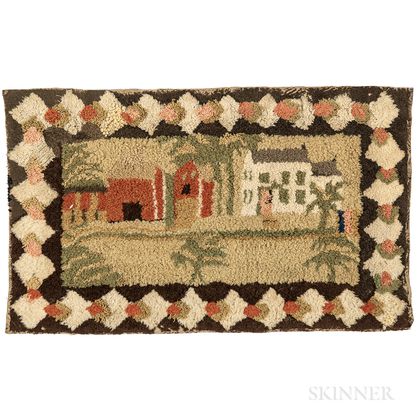 Yarn-sewn Mat with House and Barn