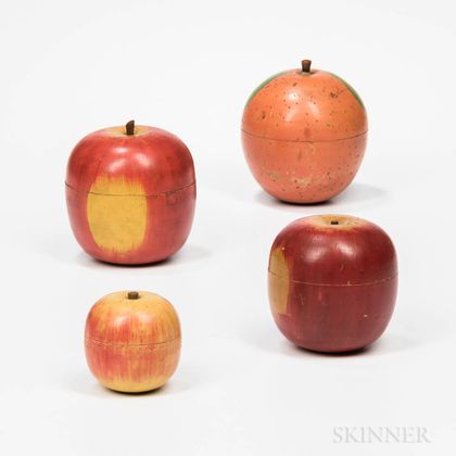 Four Turned and Painted Apple- and Orange-form Boxes