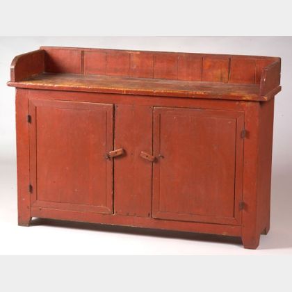 Country Red-painted Server with Two Cupboard Doors