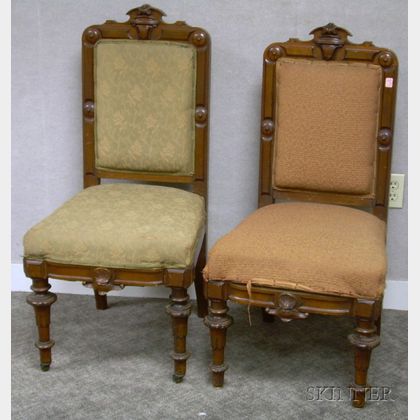 Pair of Victorian Renaissance Revival Upholstered Carved Walnut Side Chairs. 