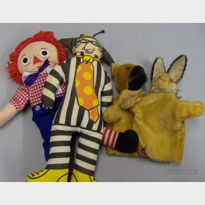 Two Steiff Glove Puppets, Raggedy Ann, and a Hamburglar Cloth Doll. 