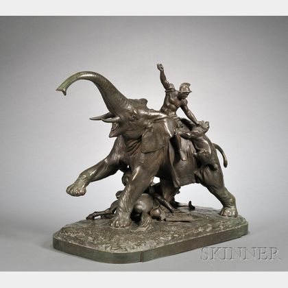 Henry van Wolf (German/American, 1898-1982) Large Bronze Figure of an Elephant and Riders Being Attacked by Lions