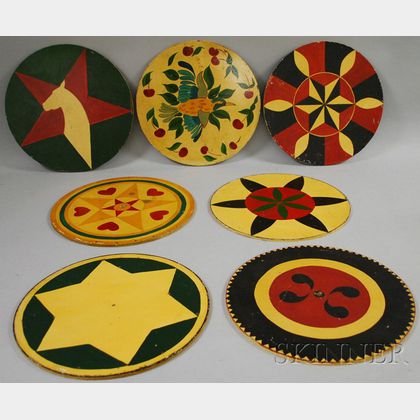 Set of Seven Round Polychrome Painted Masonite Pennsylvania Dutch-style Hex Signs